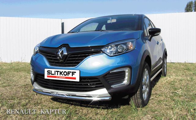 Защита Slitkoff переднего бампера d42 с надписью для Renault Kaptur 4WD 2016-2026. Артикул RK4WD001