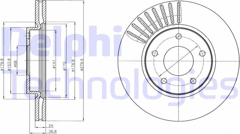 Тормозной диск Delphi передний для Nissan Juke I 2010-2019. Артикул BG4282C