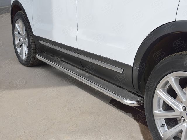 Защита порогов RusStal труба d42 с листом (Лист алюм, проф. нерж) (Вариант 3) для Ford Explorer V 2015-2017. Артикул FEL-0026633