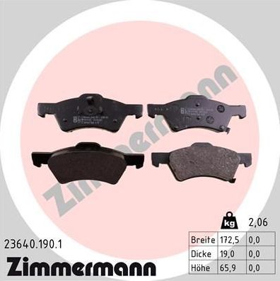 Тормозные колодки Zimmermann передние для Chrysler Voyager IV 2004-2008. Артикул 23640.190.1