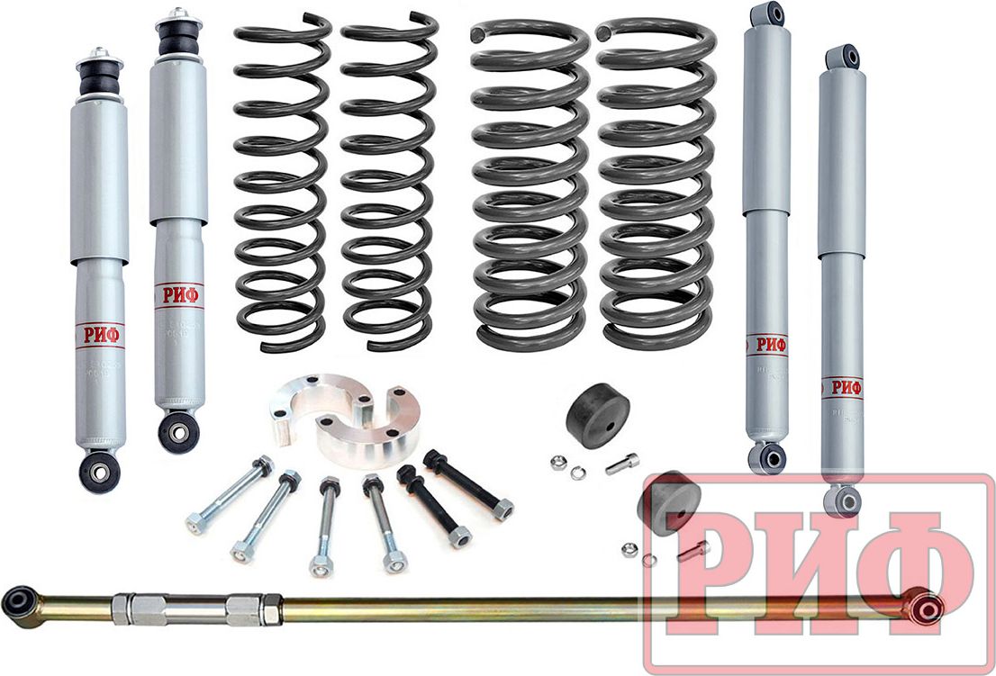 Лифт-комплект РИФ для Chevrolet Niva 2123 2002-2020, лифт 50 мм и дополнительной нагрузкой передних пружин + 60 кг, задних +0-100 кг. Артикул RIF-CHN-G