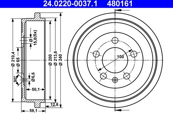 Тормозной барабан ATE задний для Audi A2 2000-2005. Артикул 24.0220-0037.1