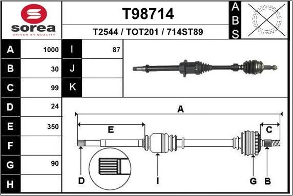 Полуось (привод в сборе, приводной вал) EAI. Артикул T98714