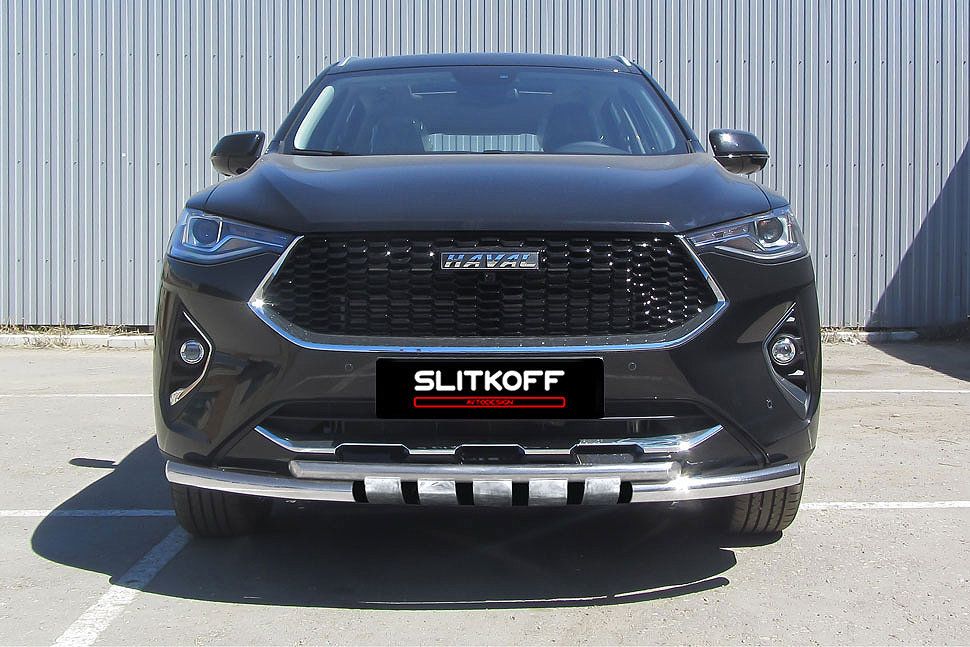 Защита Slitkoff переднего бампера d57+d42 двойная с декоративными элементами для Haval F7/F7x 2019-2026. Артикул HavF7001