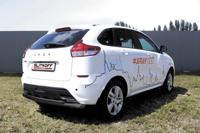 Защита Slitkoff заднего бампера d57 + d42 двойная для Lada Xray 2015-2026 Черная. Артикул LadXR011B