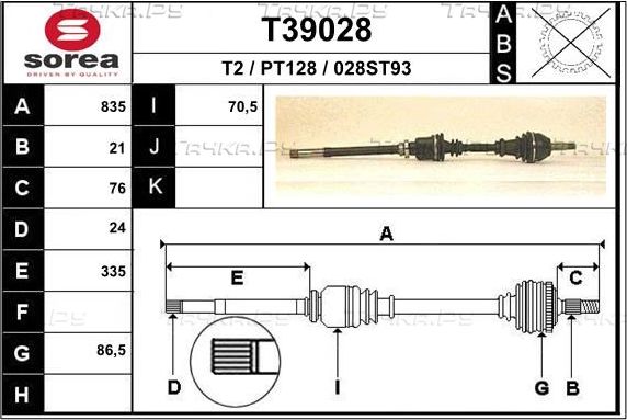 Полуось (привод в сборе, приводной вал) EAI. Артикул T39028