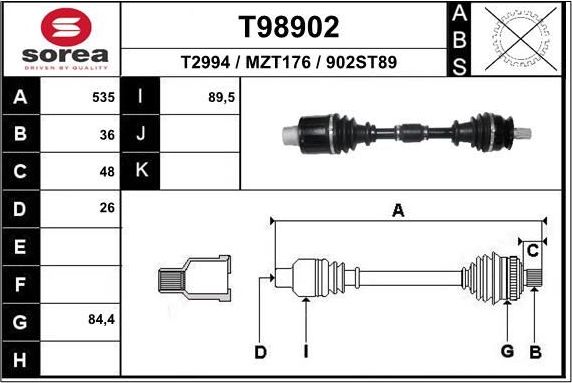 Полуось (привод в сборе, приводной вал) EAI передняя правая для Mazda 3 I (BK) 2005-2006. Артикул T98902