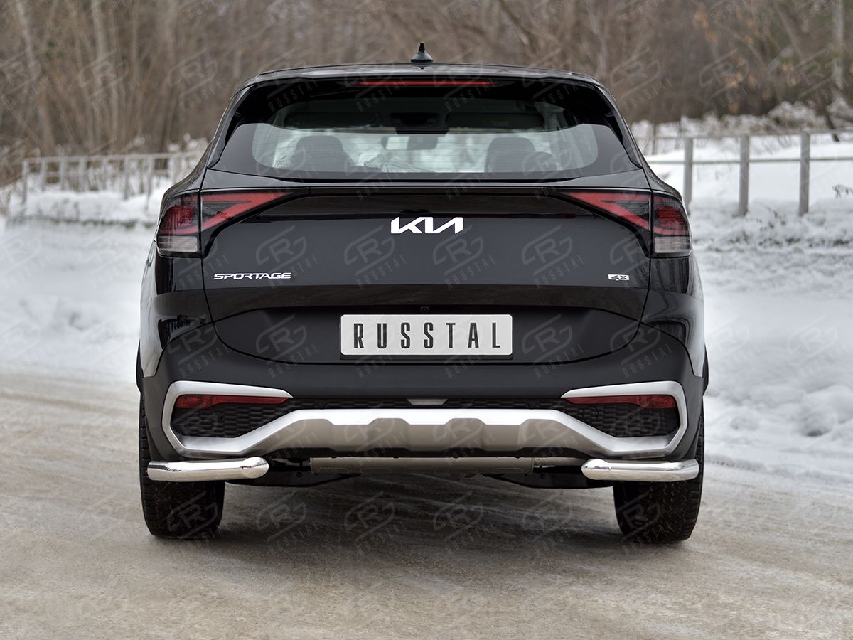 Защита RusStal заднего бампера уголки d63 секции для Kia Sportage V (кроме Style и X-Line) 2021-2026. Артикул KSZ-004036