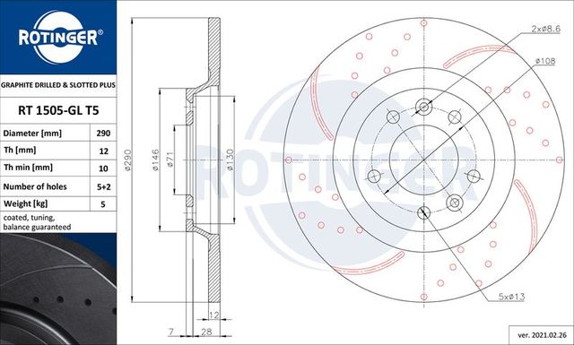 Тормозной диск Rotinger GRAPHITE DRILLED & SLOTTED PLUS задний для Citroen C5 II 2008-2017. Артикул RT 1505-GL T5