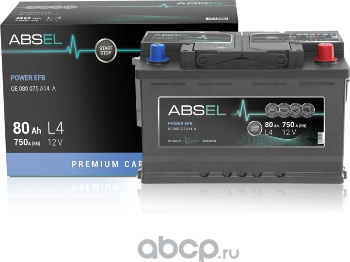 Аккумулятор ABSEL POWER EFB 12V L4 80Ah 750A (0) ОП (легковая) type EURO (315x17 Absel. Артикул QE080075A14A