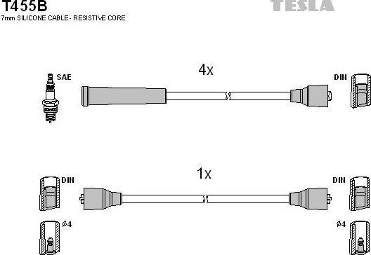 Высоковольтные провода (провода зажигания) (комплект) Tesla для Fiat Uno I 1983-1992. Артикул T455B