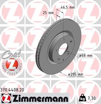 Тормозной диск Zimmermann Coat Z передний для Mazda 3 IV (BP) 2018-2026. Артикул 370.4408.20