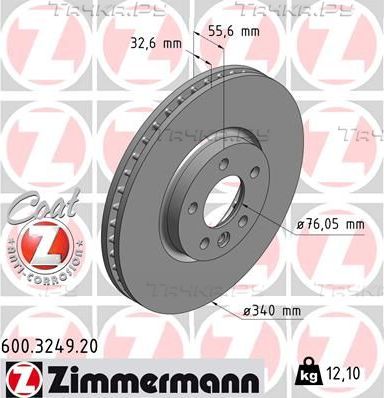 Тормозной диск Zimmermann Coat Z передний для Volkswagen Transporter T5 2009-2015. Артикул 600.3249.20