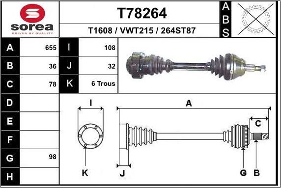 Полуось (привод в сборе, приводной вал) EAI передняя правая для Audi TT I (8N) 1998-2006. Артикул T78264