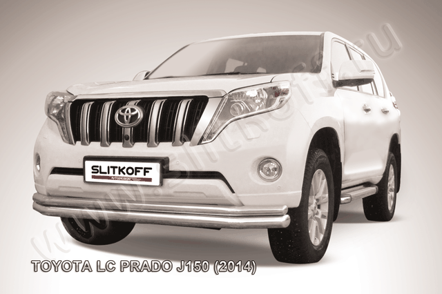 Защита Slitkoff переднего бампера d76/57 двойная длинная для Toyota Land Cruiser Prado 150 2013-2017. Артикул TOP14-006