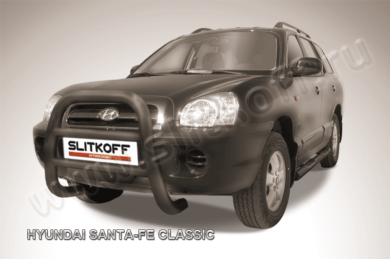 Кенгурятник Slitkoff d76 высокий ЧЕРНЫЙ матовый для Hyundai Santa Fe Classic (Таганрог) 2001-2013. Артикул HSFT002B
