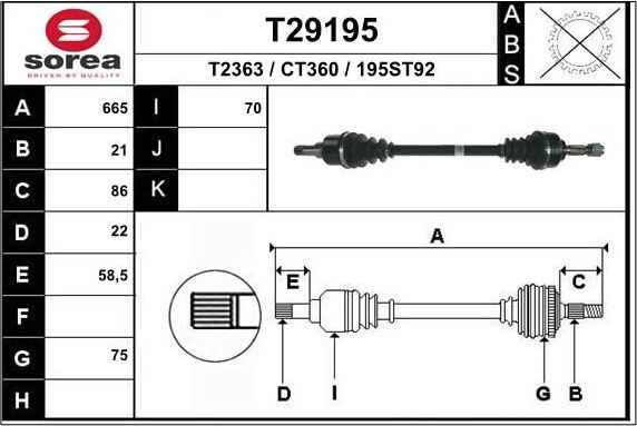 Полуось (привод в сборе, приводной вал) EAI. Артикул T29195