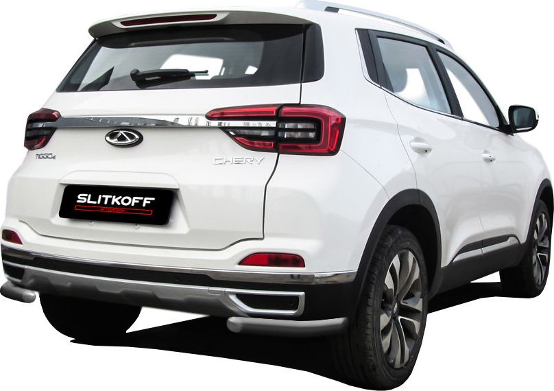 Защита Slitkoff заднего бампера d57 уголки для Chery Tiggo 4 2017-2026 Серебристая. Артикул CT4-007S