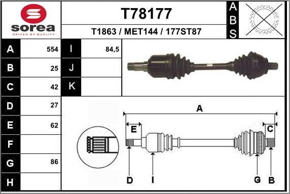 Полуось (привод в сборе, приводной вал) EAI. Артикул T78177