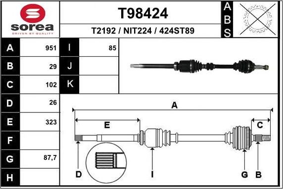 Полуось (привод в сборе, приводной вал) EAI. Артикул T98424