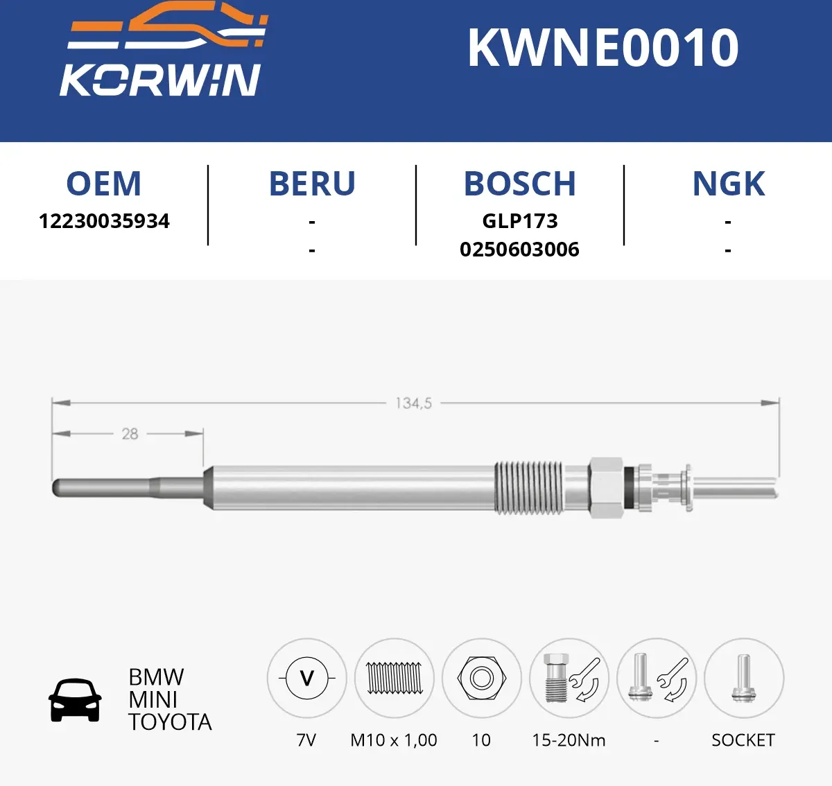 Свеча накаливания BMW/Mini/Toyota (гар. 2 года) пр. Турция (Korwin). Артикул KWNE0010