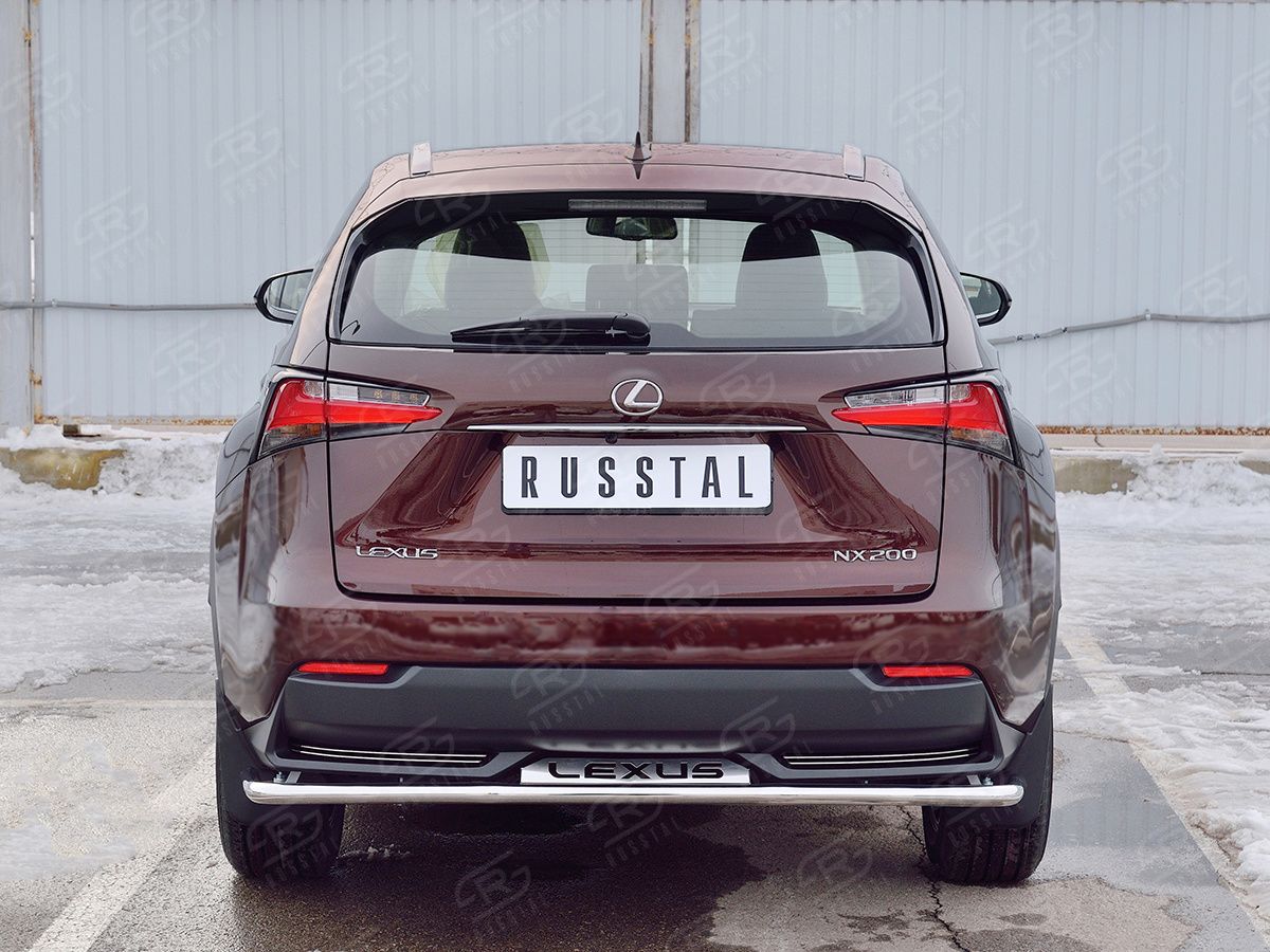 Защита RusStal заднего бампера d42 секции с надписью для Lexus NX200 2014-2017 (кроме F-Sport). Артикул LNXZ-002583