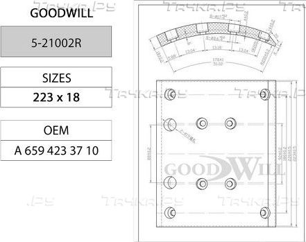 Тормозные колодки барабанные GoodWill для MAN F2000 1994-2000. Артикул 5-21002 R