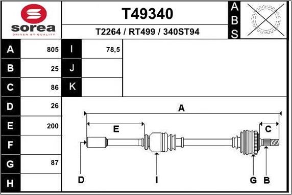 Полуось (привод в сборе, приводной вал) EAI. Артикул T49340