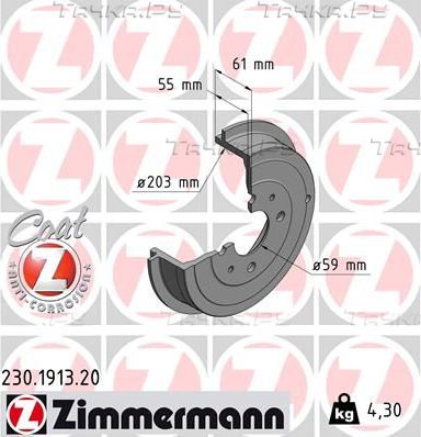 Тормозной барабан Zimmermann Coat Z задний для Fiat Bravo I 1995-2001. Артикул 230.1913.20
