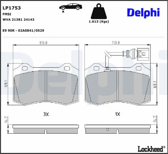 Тормозные колодки Delphi (Low-Metallic) для SEAT Leon I 2002-2006. Артикул LP1753