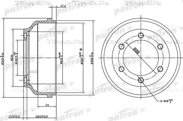 Тормозной барабан Patron задний для Ford Transit Torneo V 1994-2000. Артикул PDR1068