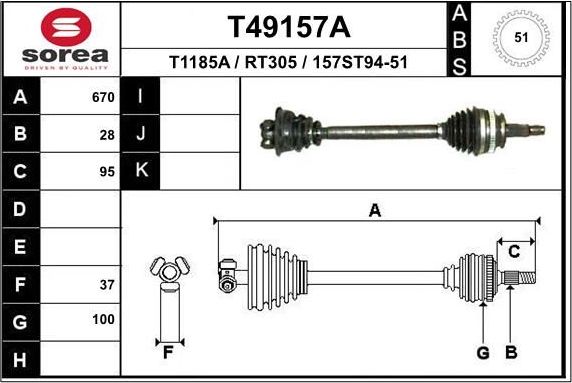 Полуось (привод в сборе, приводной вал) EAI. Артикул T49157A
