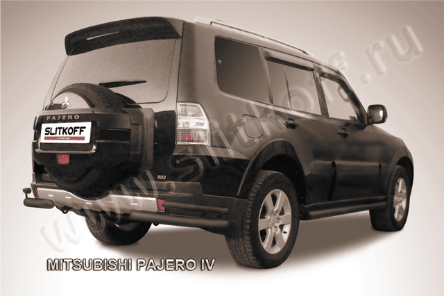 Защита Slitkoff задняя d76/42 уголки двойные ЧЕРНАЯ матовая для Mitsubishi Pajero IV 2011-2026. Артикул MPJ018B