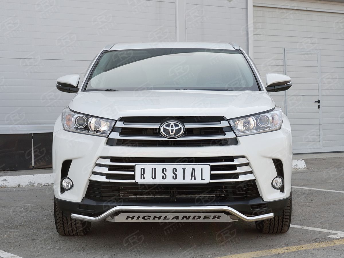 Защита RusStal переднего бампера d42 волна с надписью для Toyota Highlander III 2016-2026. Артикул THRZ-002613