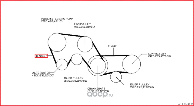 Приводной ремень поликлиновой Nissan. Артикул 117204P102