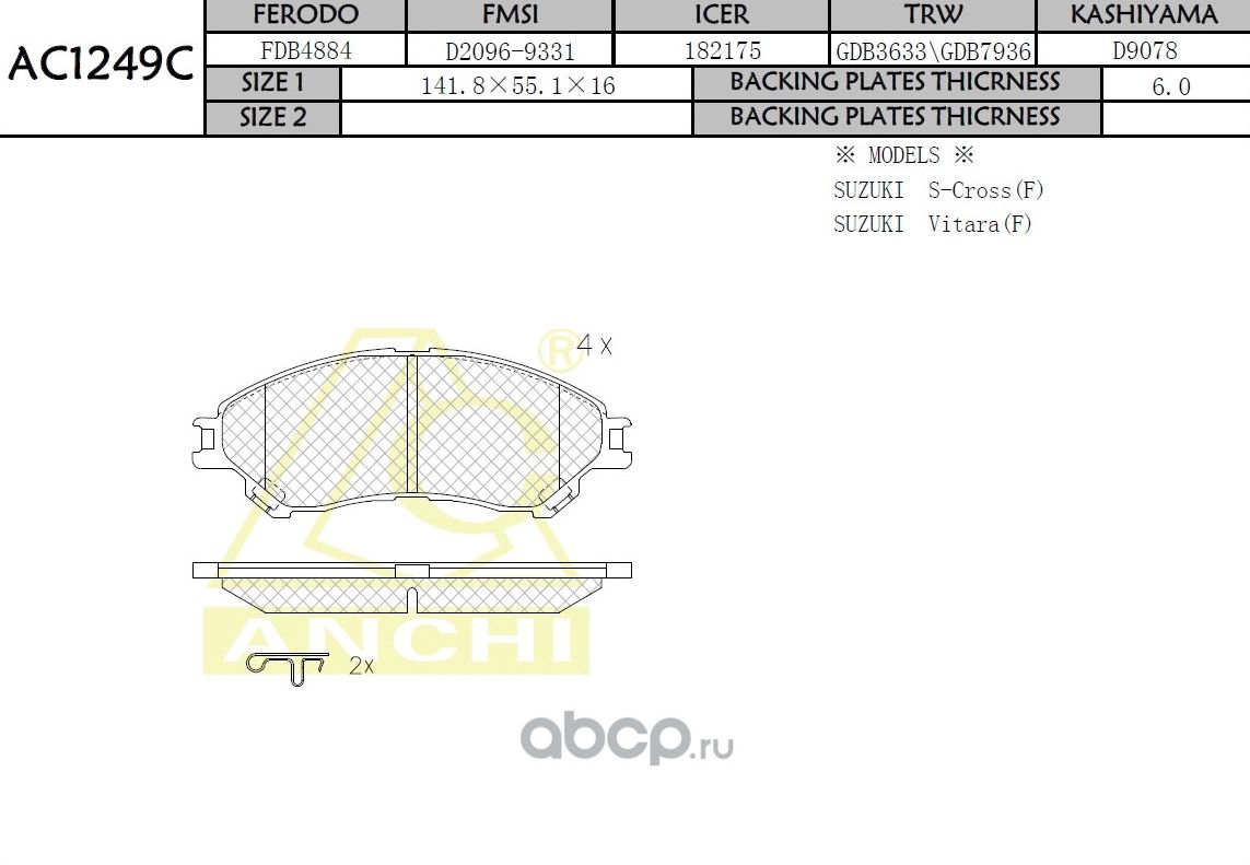 Тормозные колодки ANCHI AC1249C Anchi. Артикул AC1249C