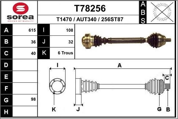 Полуось (привод в сборе, приводной вал) EAI. Артикул T78256