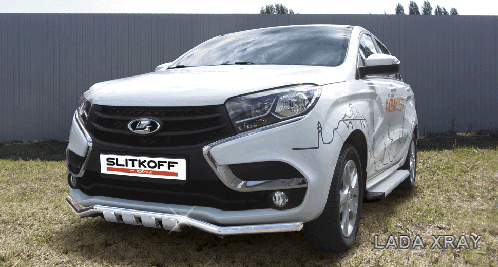 Защита Slitkoff переднего бампера d42 волна с декоративными элементами для Lada Xray 2015-2026. Артикул LadXR002