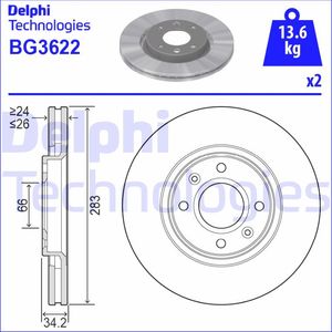 Тормозной диск Delphi передний для Citroen C3 II 2009-2016. Артикул BG3622