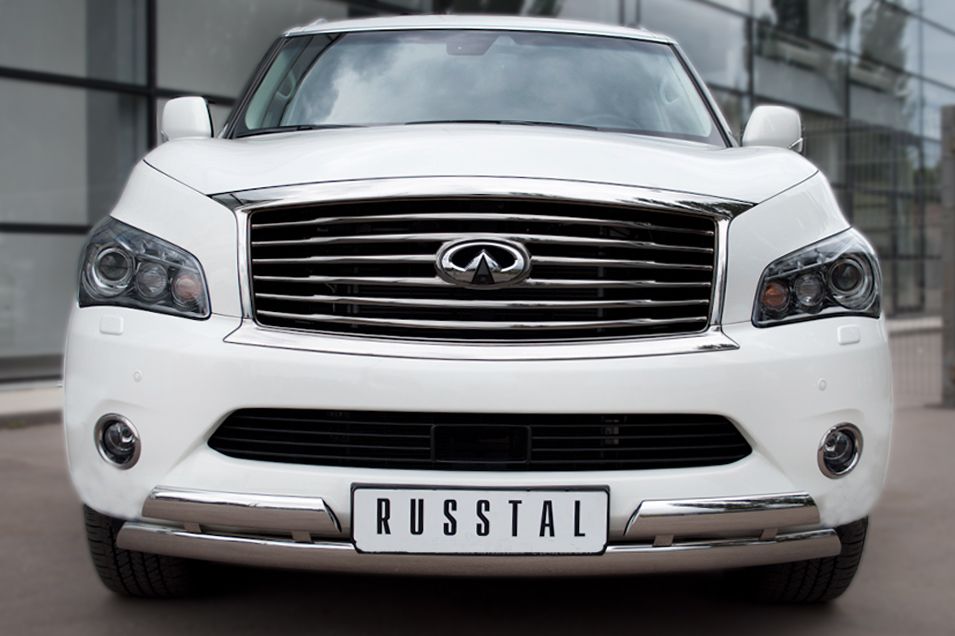 Защита RusStal переднего бампера 75х42/(75х42)х2 с подъемом для Infiniti QX56 III 2010-2013. Артикул INZ-000845