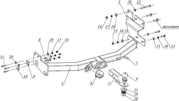 Фаркоп Bizon для Great Wall Hover H3 до рестайлинга 2010-2015 с накладкой из нержавеющей стали. Быстросъемный крюк. Артикул FA 0643-E(N)