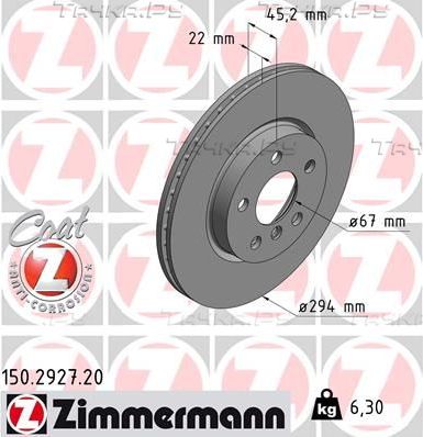Тормозной диск Zimmermann Coat Z передний для MINI Clubman II (F54) 2014-2026. Артикул 150.2927.20