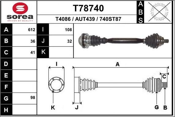 Полуось (привод в сборе, приводной вал) EAI передняя правая для Audi TT II (8J) 2008-2014. Артикул T78740