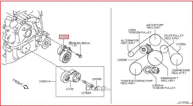 Натяжной ролик (натяжитель) приводного поликлинового ремня Nissan. Артикул 119551CA0A