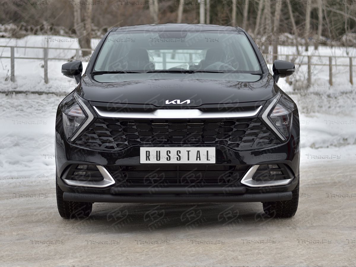 Защита RusStal переднего бампера d63 секции-d42 дуга для Kia Sportage V (кроме Style и X-Line) 2021-2026 Черная. Артикул KSZ-004028CH