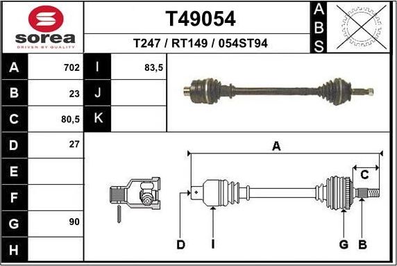 Полуось (привод в сборе, приводной вал) EAI. Артикул T49054