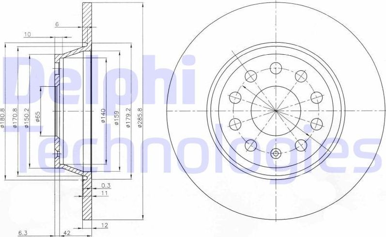 Тормозной диск Delphi задний для Audi Q3 I (8U) 2011-2018. Артикул BG3954