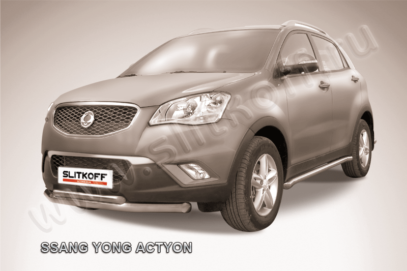 Защита Slitkoff переднего бампера d76+d42 двойная для SsangYong Actyon II 2010-2013. Артикул SYA001