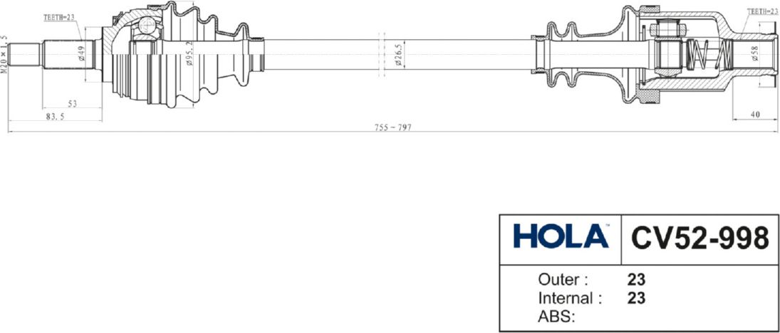 Полуось (привод в сборе, приводной вал) HOLA. Артикул CV52-998