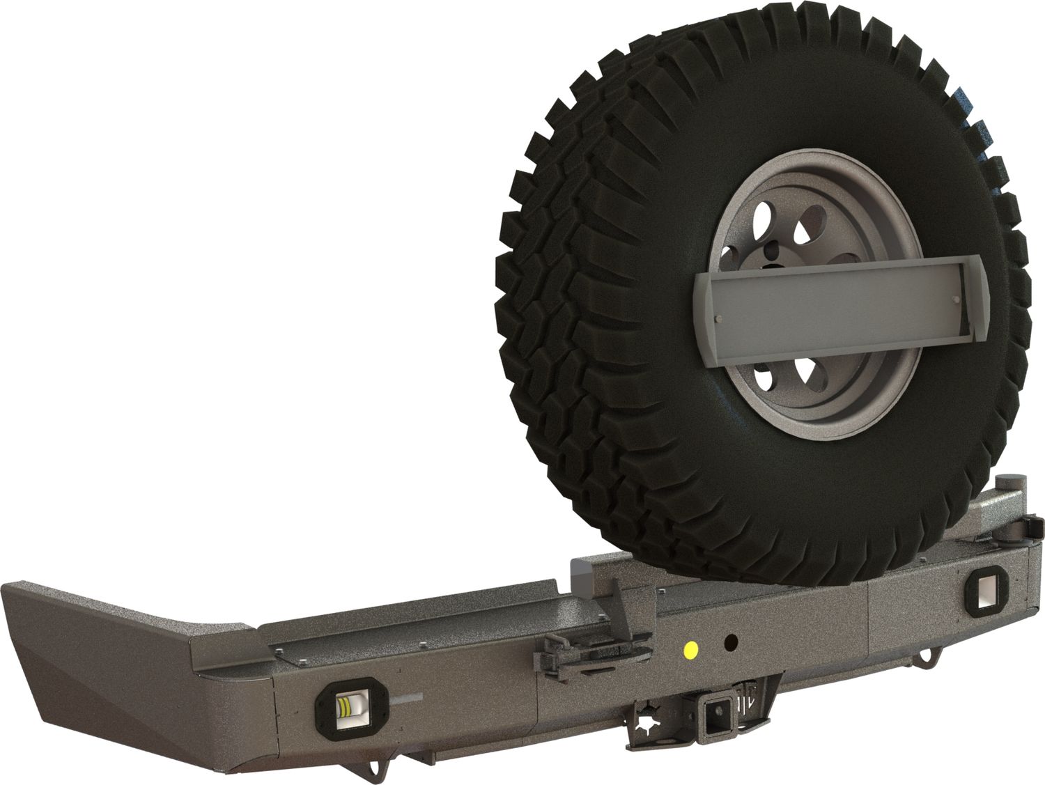 Бампер силовой задний STC для Toyota Land Cruiser 80 1990-1997 с квадратом под фаркоп, кронштейном крепления запасного колеса по центру, кронштейном крепления гос номера и фарами заднего хода/ ПТФ. Артикул STC-TLC80-BR-C1-L2